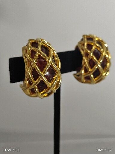 Vintage Signed Kenneth J Lane Brown Chunky Cage Hoops Gold Tone Clip Earrings