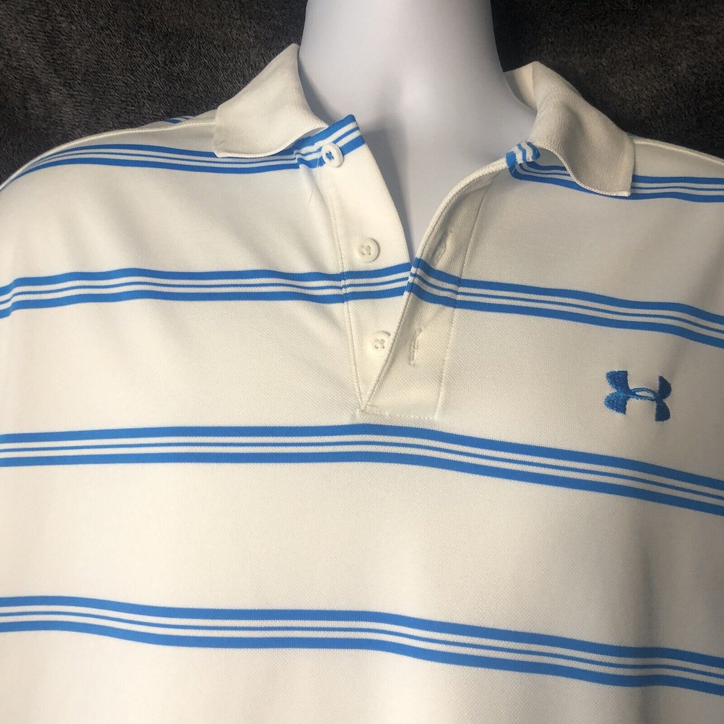 Under Armour Polo Shirt Mens Size LG/G/G blue White Loose Heat Gear Golf Striped