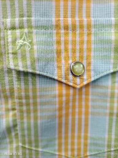 AURA by Wrangler Womens L Yellow Green Blue Plaid Pearl Snap Western Shirt READ