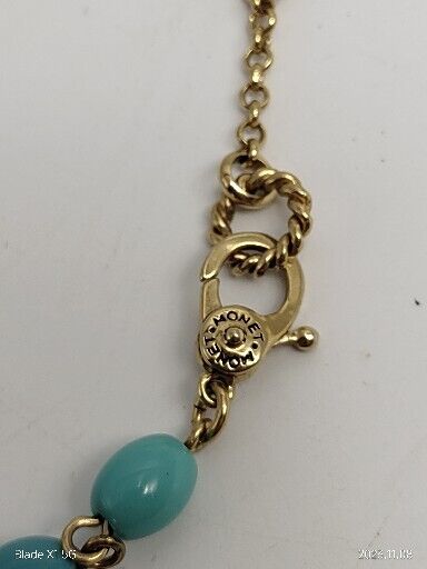 Vintage Signed Monet Teal Beaded Gold Tone Necklace Two Stones Glow