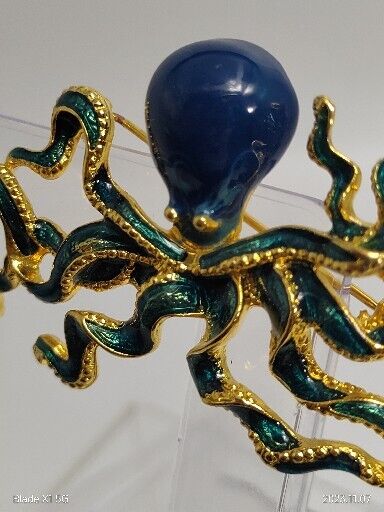 Vintage Signed MFA Museum of Fine Arts Octopus Enamel Brooch Pin Beach Teal Blue