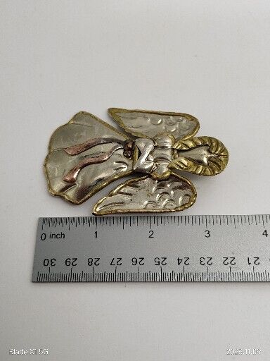 Vintage Signed SJ Supreme Jewelry Gold Tone Christmas Angel Metallic Brooch Pin