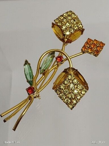 Vintage Topaz  Rhinestone Crystal Abstract Floral Navettes Brooch Pin Art Deco