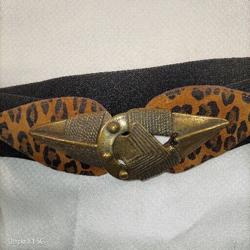 Vintage Omega USA Arrow Brass Buckle Black Cheetah Womens Belt Size 33" Stretch