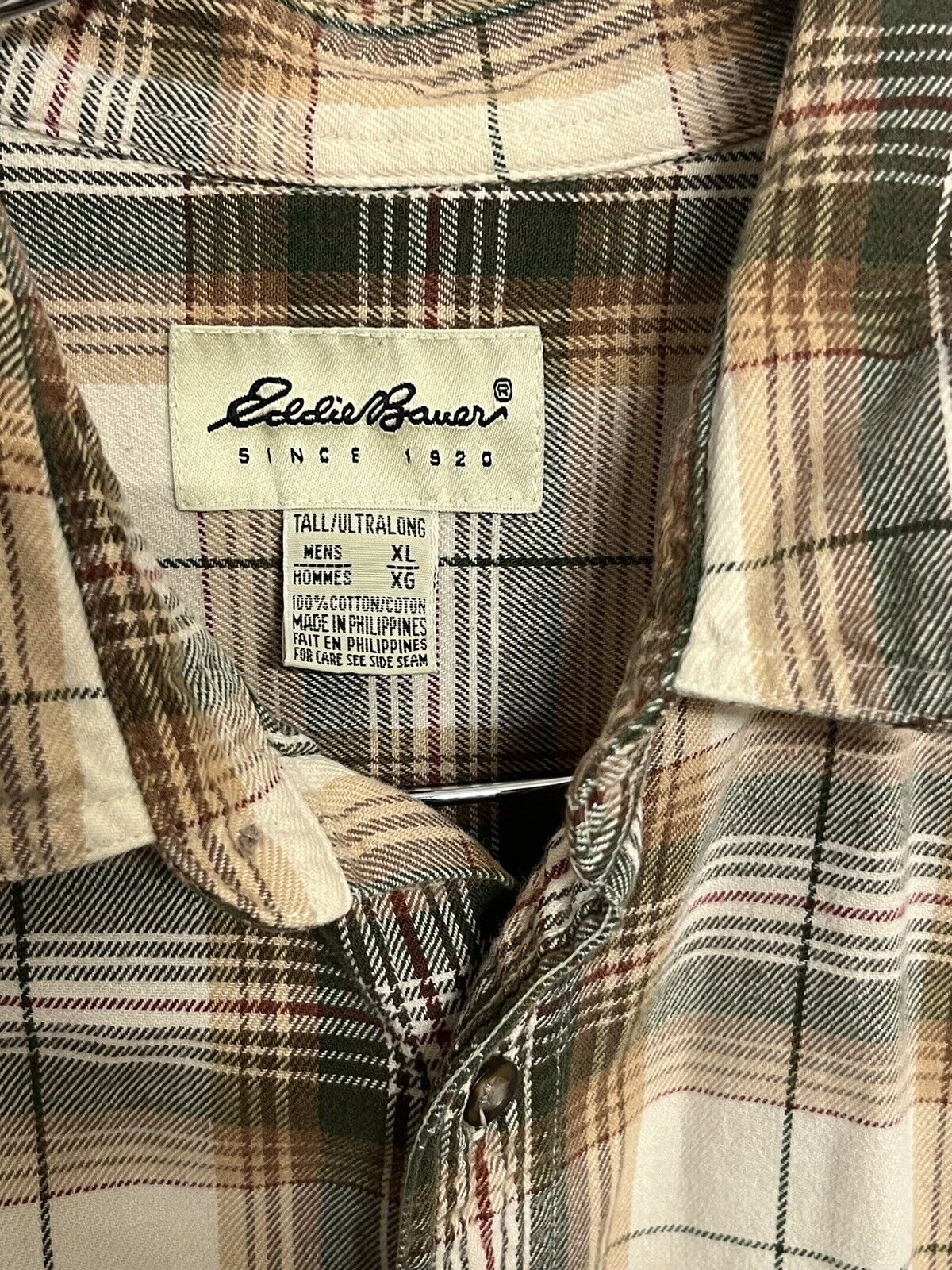 Eddie Bauer Flannel Shirt Mens XL Brown Plaid Button Up Long Sleeve Outdoor Work