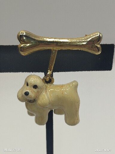 Vintage Cocker Spaniel Dog With Bone Small Dangle Brooch Pin Rhinestone Collar