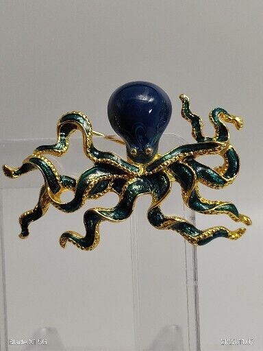 Vintage Signed MFA Museum of Fine Arts Octopus Enamel Brooch Pin Beach Teal Blue