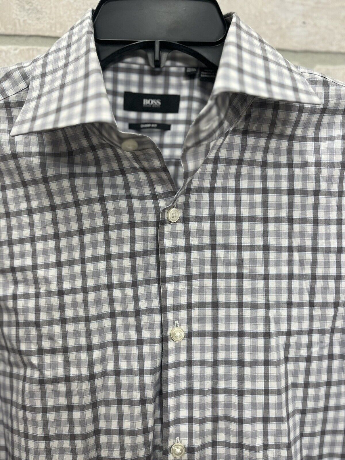 Hugo Boss Shirt Mens 16 1/2 32/33  Gray Plaid Sharp Fit Long Sleeve Button Up