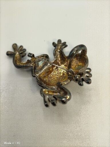 Vintage Silver Tone Frog Toad Brooch Pin Pendant Green Rhinestone Eyes