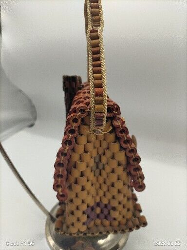 Cute Small Handmade Reed Wicker Wood tone Purse/ Handbag Shape Like A Cottage