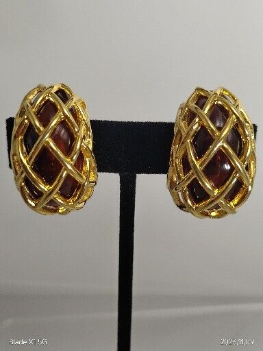 Vintage Signed Kenneth J Lane Brown Chunky Cage Hoops Gold Tone Clip Earrings