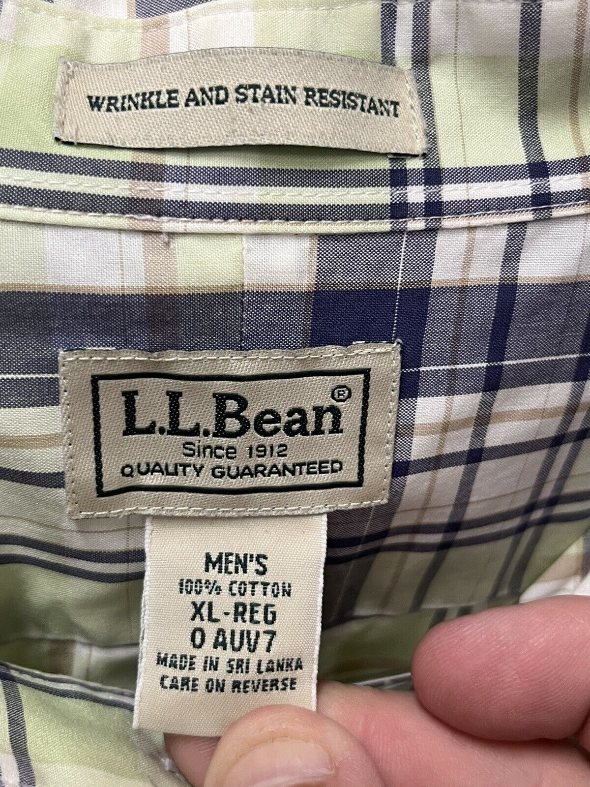 LL BEAN Mens XL Long Sleeve Shirt Green Scott Plaid Button Wrinkle Resistant