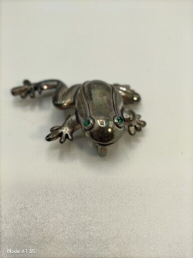 Vintage Silver Tone Frog Toad Brooch Pin Pendant Green Rhinestone Eyes