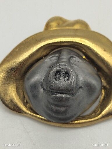 Vintage Pig Hog In Hat Brooch Pin Gold Silver Pewter Two Toned Fisherman