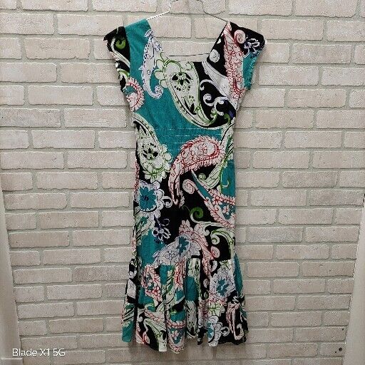 Downeast NWT Teal Floral Paisley V-Neck Short Sleeve Midi Fit N Flare Dress XS