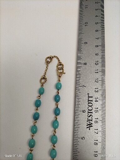 Vintage Signed Monet Teal Beaded Gold Tone Necklace Two Stones Glow