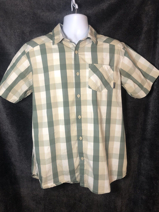 Columbia Mens Medium Button Up Shirt Short Sleeve Plaid Earth Green Omni-wick