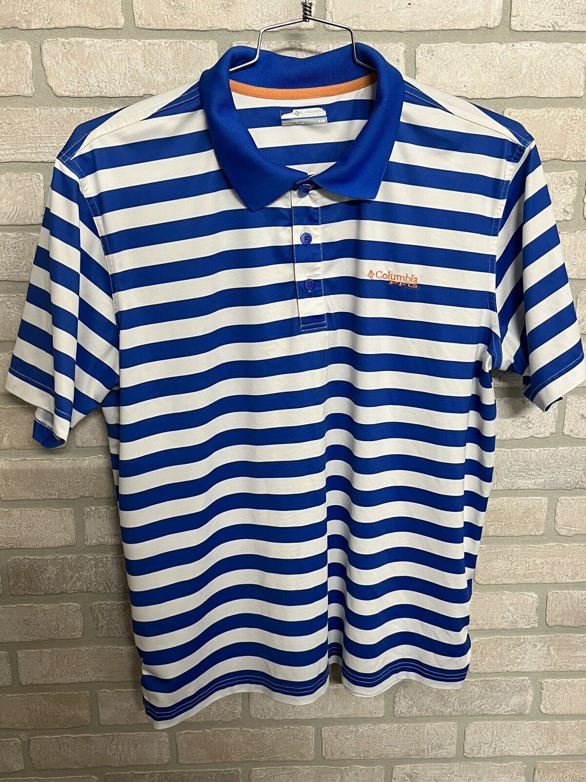 Columbia PFG Polo Shirt Mens Size L Blue Short Sleeve White Striped Golf Fishing