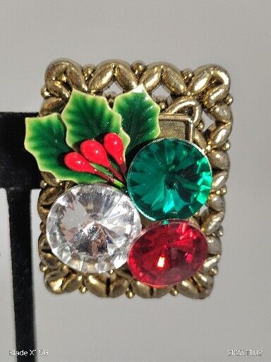 Vintage Kitchy Christmas Red Green Clear Rhinestone Goldtone Clip Earrings