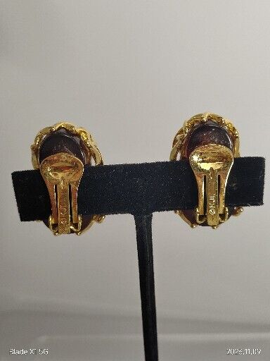 Vintage Signed Kenneth J Lane Brown Chunky Cage Hoops Gold Tone Clip Earrings