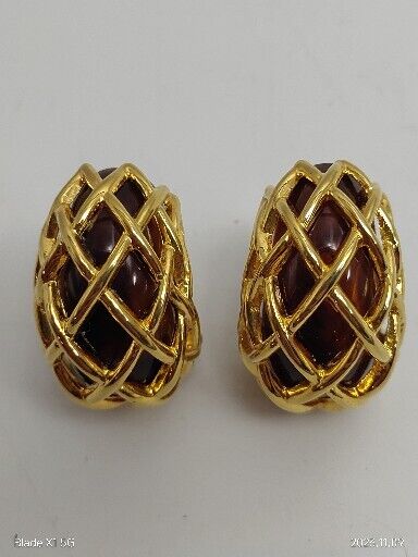 Vintage Signed Kenneth J Lane Brown Chunky Cage Hoops Gold Tone Clip Earrings