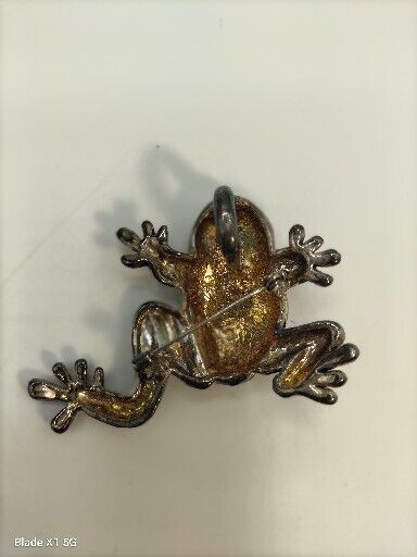 Vintage Silver Tone Frog Toad Brooch Pin Pendant Green Rhinestone Eyes