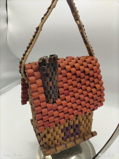 Cute Small Handmade Reed Wicker Wood tone Purse/ Handbag Shape Like A Cottage