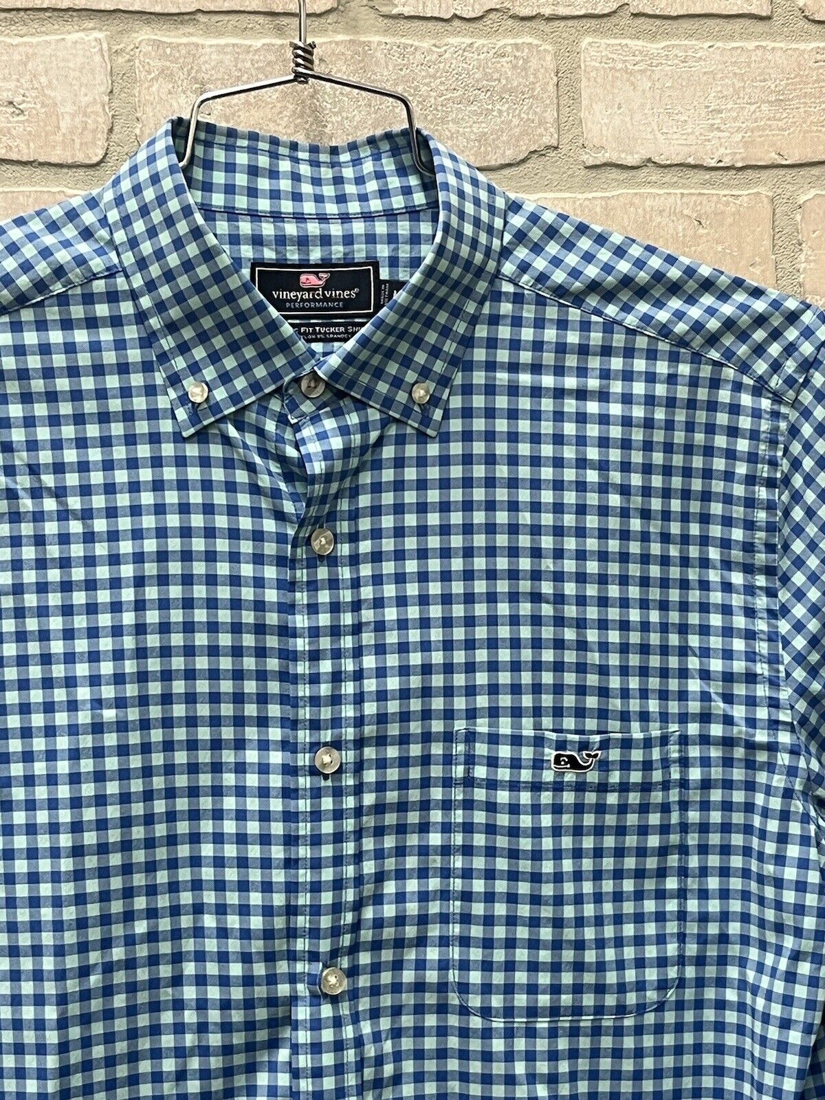 Vineyard Vines Performance Shirt Mens Medium Blue Gingham Classic Fit Tucker