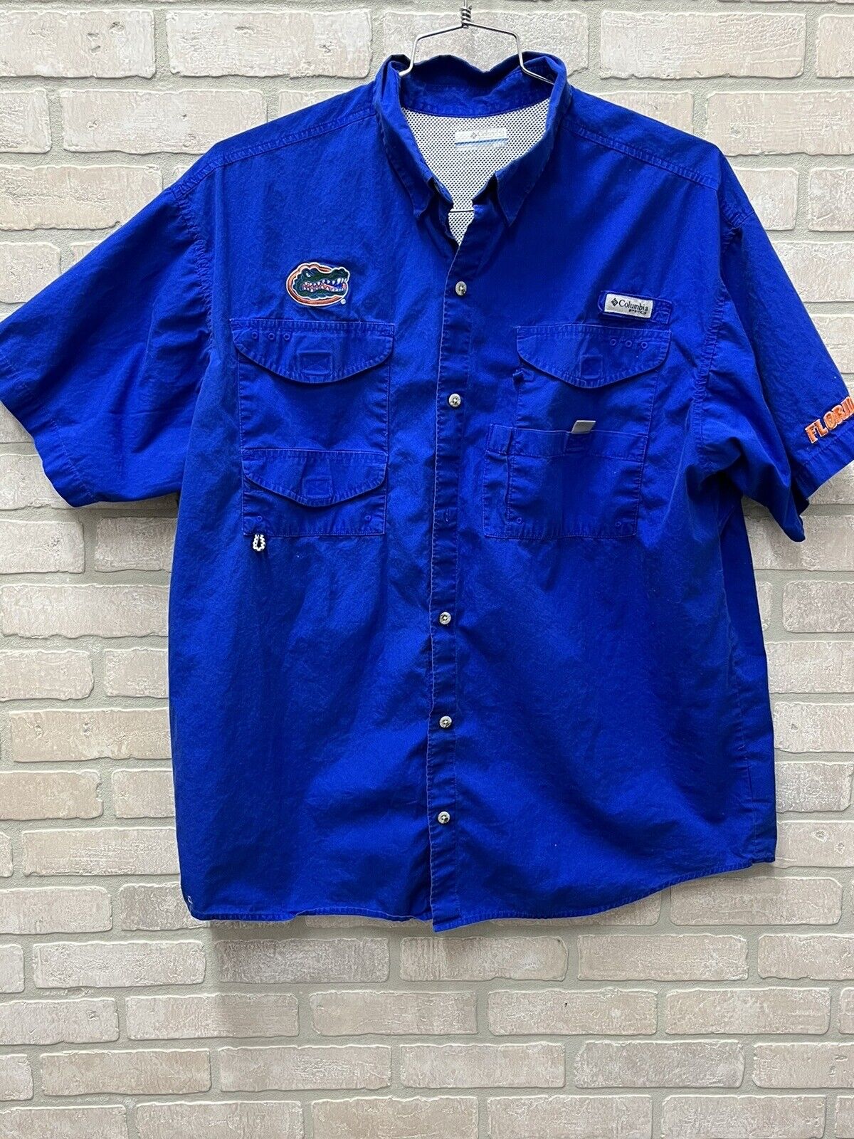 Columbia PFG Sz XL/TG Blue Florida Gator Short Sleeve Fishing Button Up Shirt