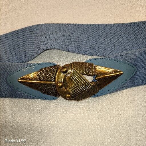 Vintage Omega USA Arrow Brass Buckle Blue Womens Belt Size 33" Stretch