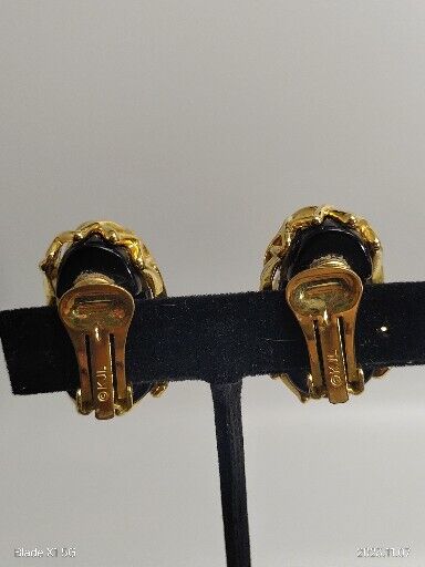 Vintage Signed Kenneth J Lane Gold Tone Caged Style Clip Earrings Black Acrylic