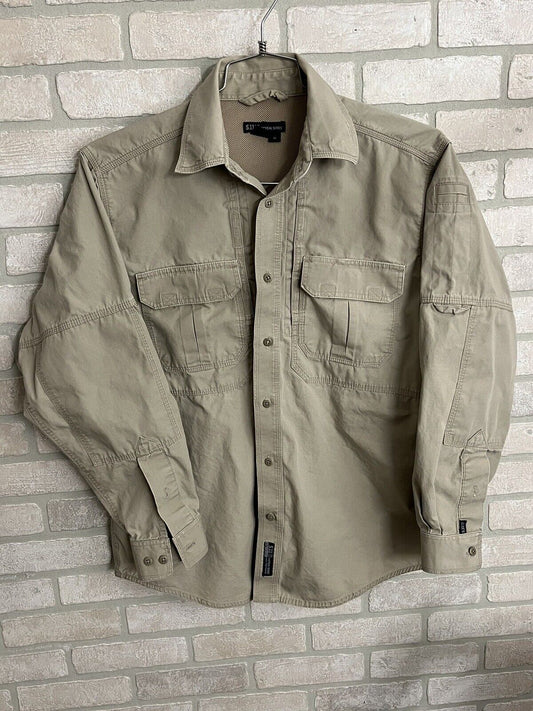 5.11 Tactical Mens Long Sleeve Button Front Shirt M Khaki RN#109614 preowned