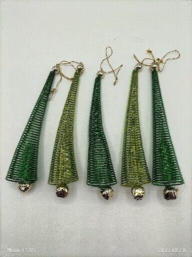 5 Vtg. Light & Dark Green Spring Santa Hat Christmas Tree Ornaments with bells