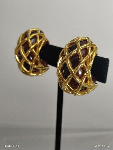 Vintage Signed Kenneth J Lane Brown Chunky Cage Hoops Gold Tone Clip Earrings