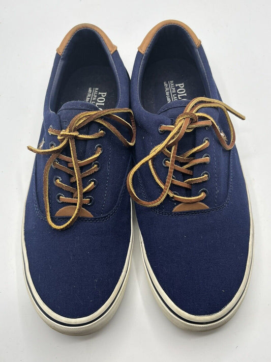 Polo Ralph Lauren Shoes Mens Sz 10.5 D Blue Canvas Thorton Brown Leather Sneaker