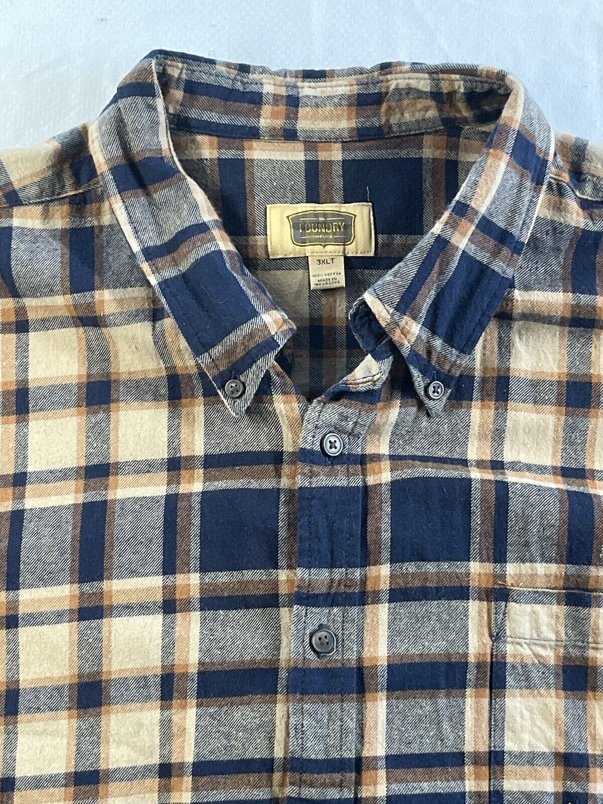 The Foundry Supply Co Adult Men's Button Down Shirt 3XLT Blue Navy Plaid Flannel