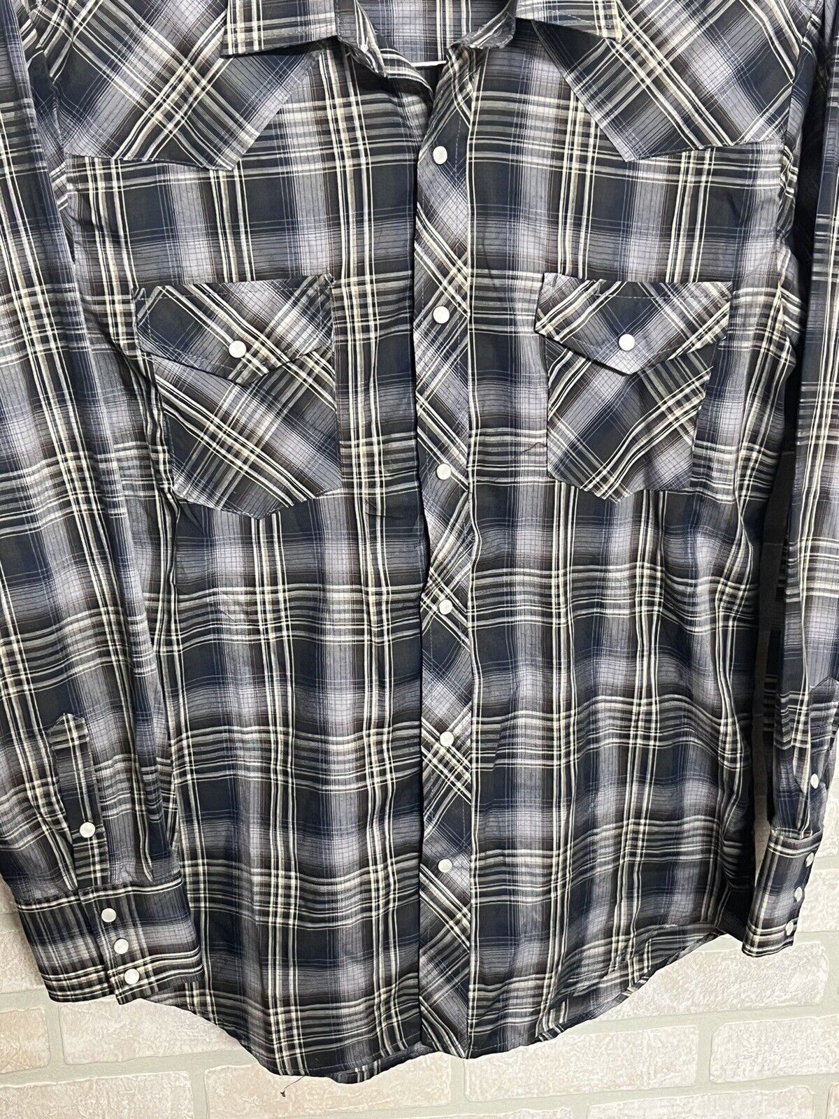 Roper Western Shirt Men’s Size M Long Sleeve Pearl Snaps Blue Plaid Pockets EUC