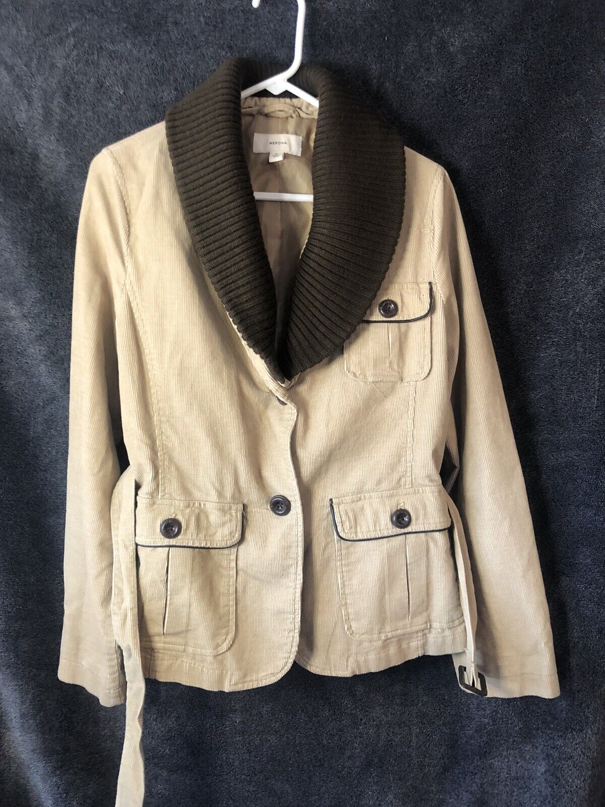 Corduroy Merona Womens Beige Button Up Jacket Coat With Belt Size Medium